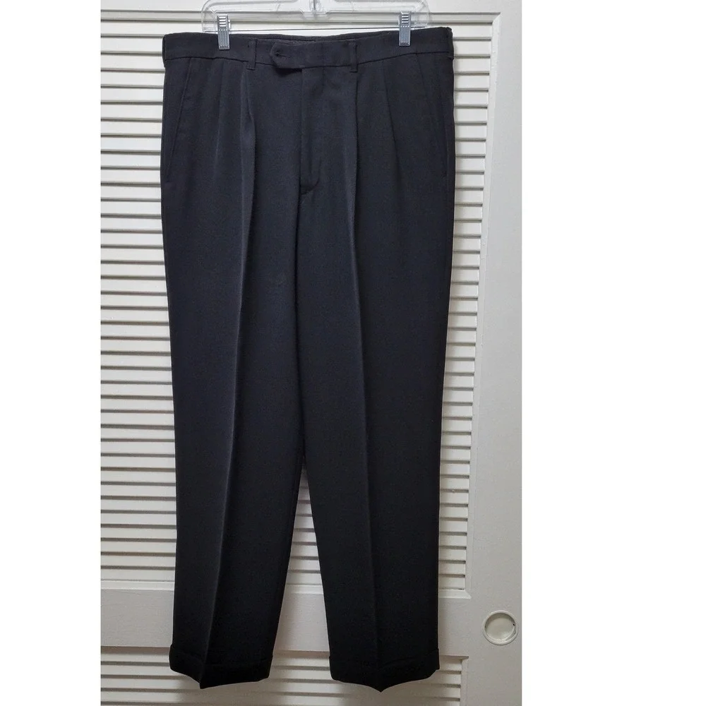 Haggars Q Mens Black Pleated Cuffed Dress Pants 36x29 Straight Leg Trouser